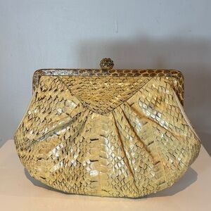 Vintage lyrella cream snakeskin clutch bag with jewelled snap clasp